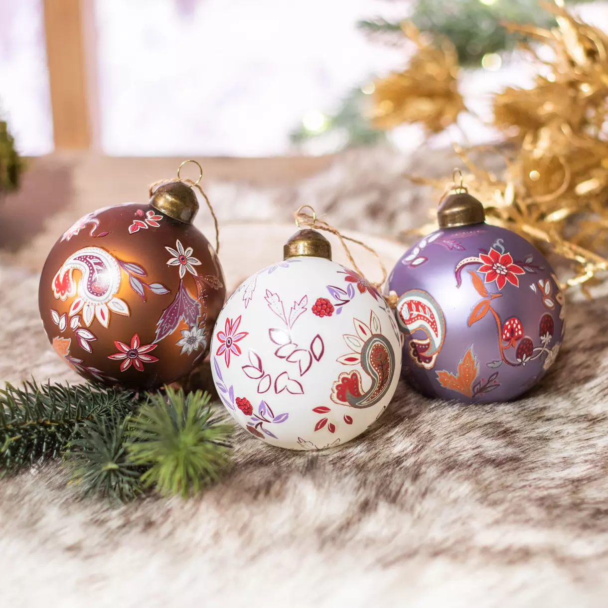 Lote de 3 bolas de Navidad en vidrio (D80 mm) Fily Canela  1