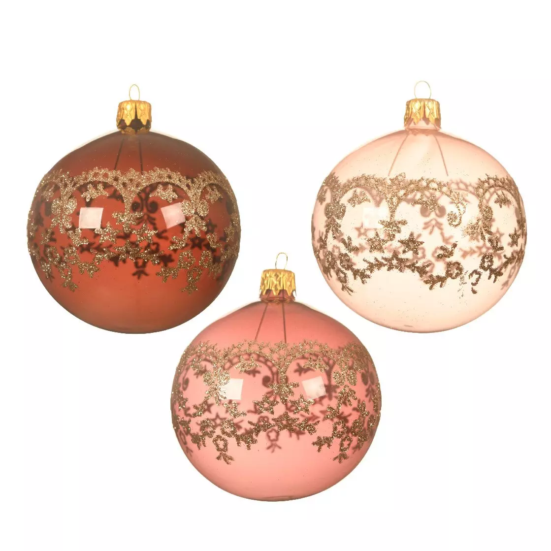 Lot de 6 boules de Noël en verre (D80 mm) Dentelie Rose poudré  1