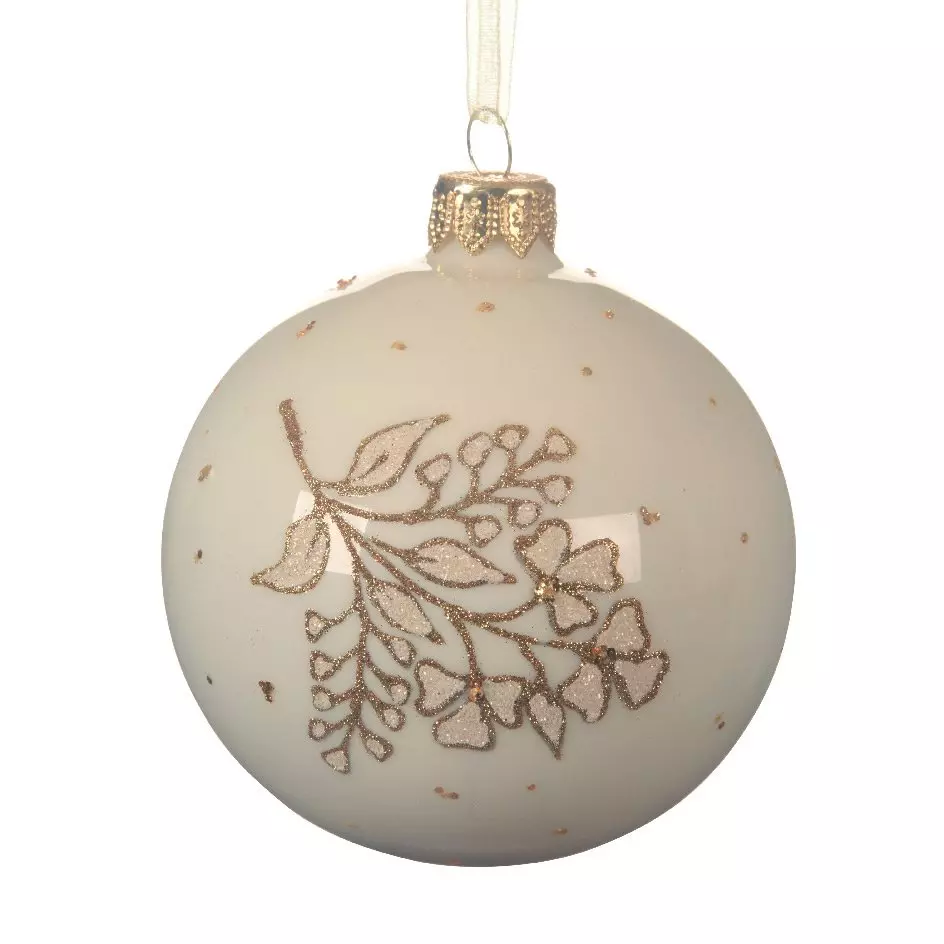 Lote de 6 bolas de Navidad en vidrio (D80 mm) Rama floreciente Blanco lana  1