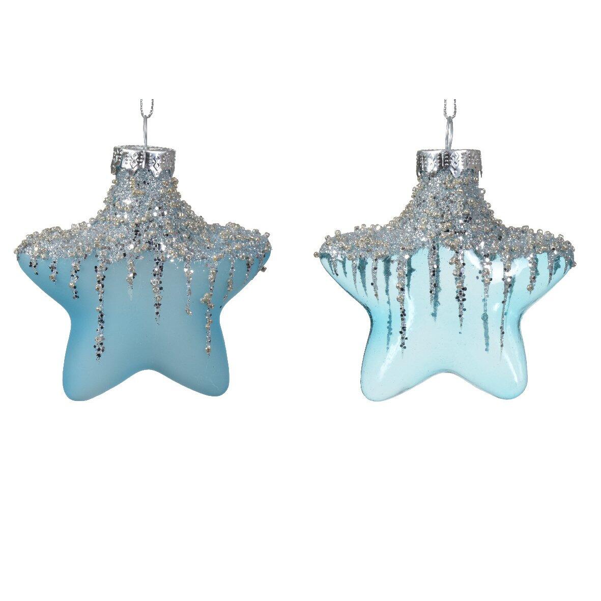 Lot de 2 étoiles de Noël à suspendre en verre Arctique Bleu pétillant  1