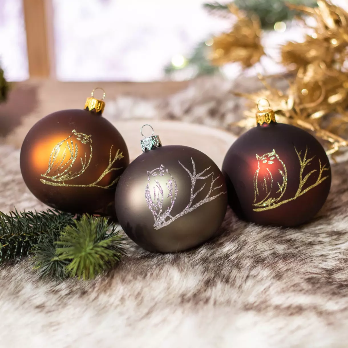 6er set Weihnachtskugeln aus Glas (D80 mm) Hibou Moosgrün  1
