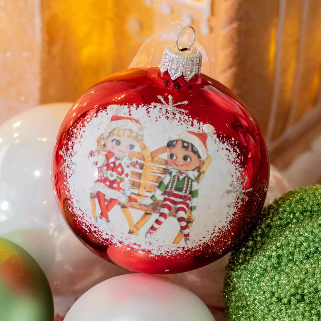 Set van 12 glazen kerstballen (D80 mm) Chérubins Rood  1