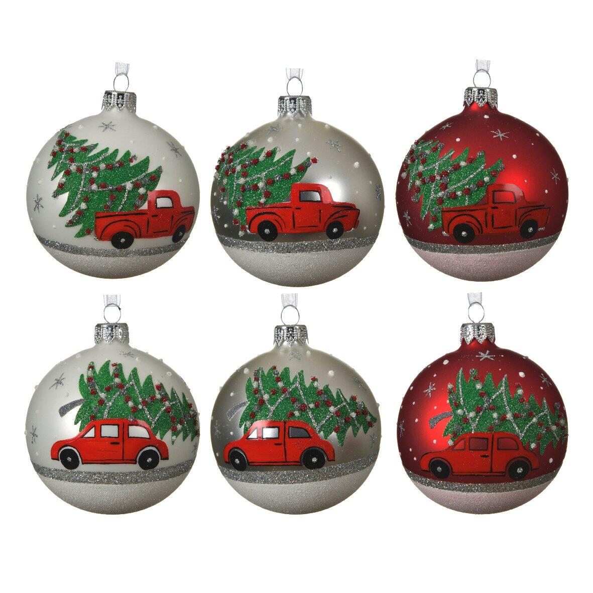 6er set Weihnachtskugeln aus Glas (D80 mm) mit Autos & Tannen Rot  1