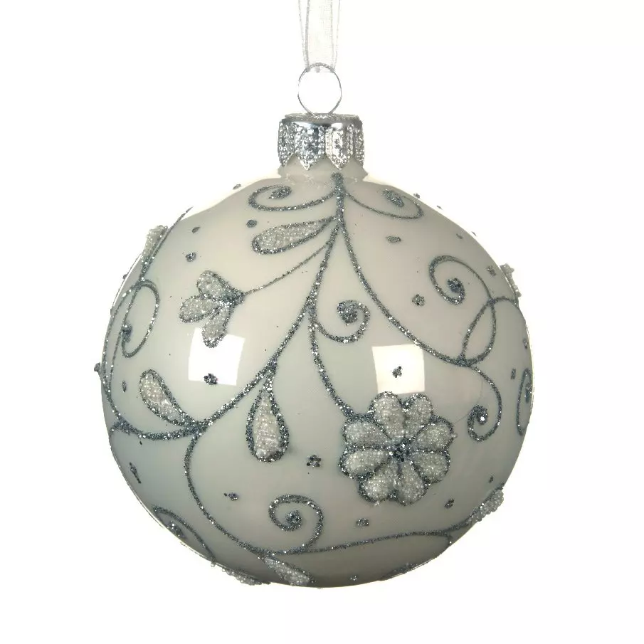 Lot de 6 boules de Noël en verre (D80 mm) Fleur torsadée Blanc  1