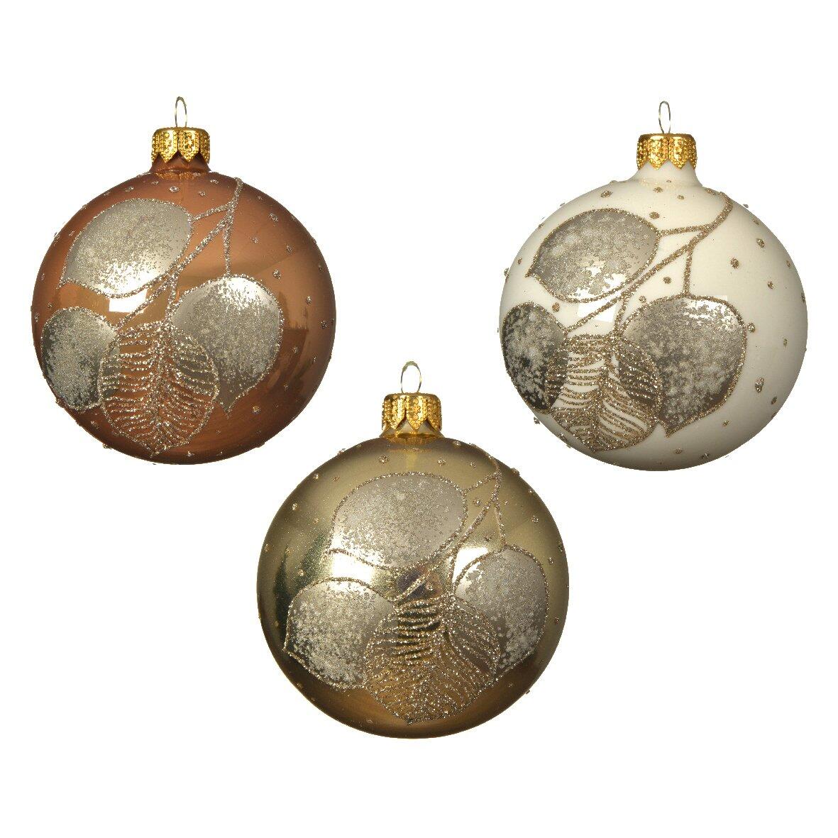 Lote de 6 bolas de Navidad en vidrio (D80 mm) Puntos plateados Blanco lana/Camel/ Champaña  1
