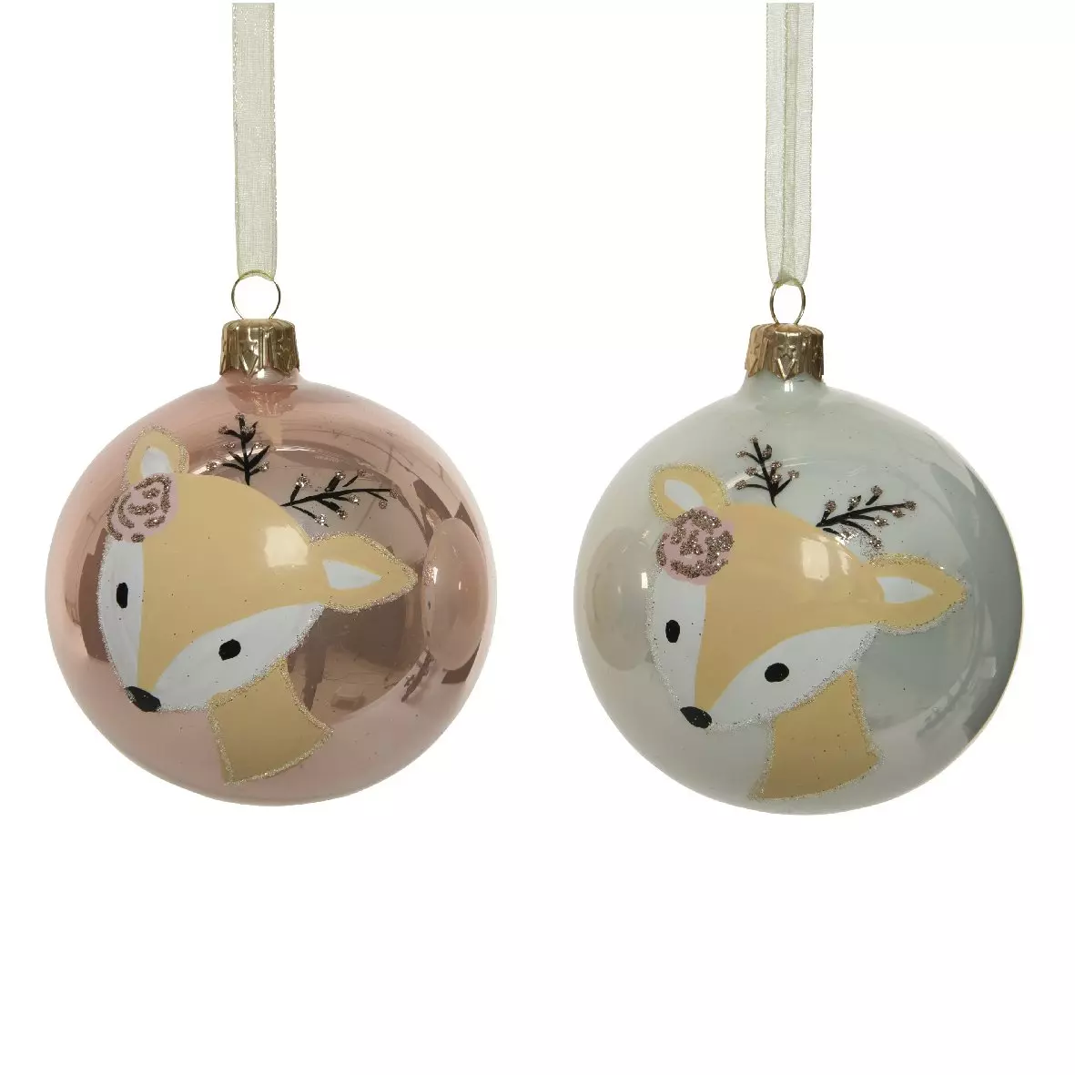 Lote de 6 bolas de Navidad en vidrio (D80 mm) Cabeza de ciervo Rosa palo  1