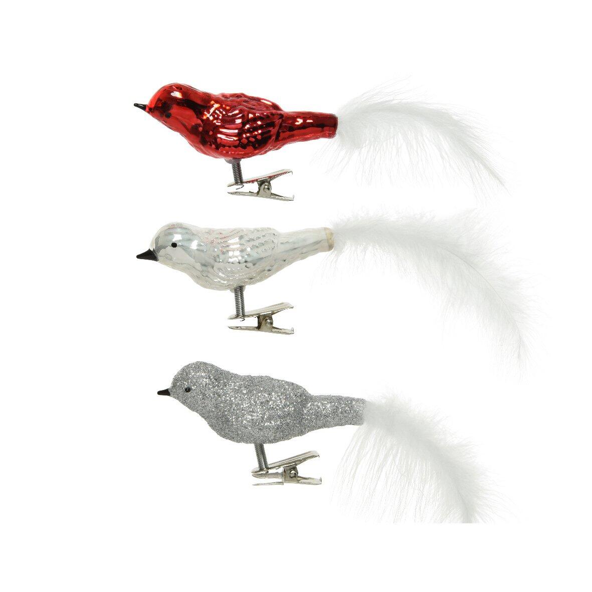 Confezione di 3 uccelli i vetro Sven Bianco, argento e Rosso 1