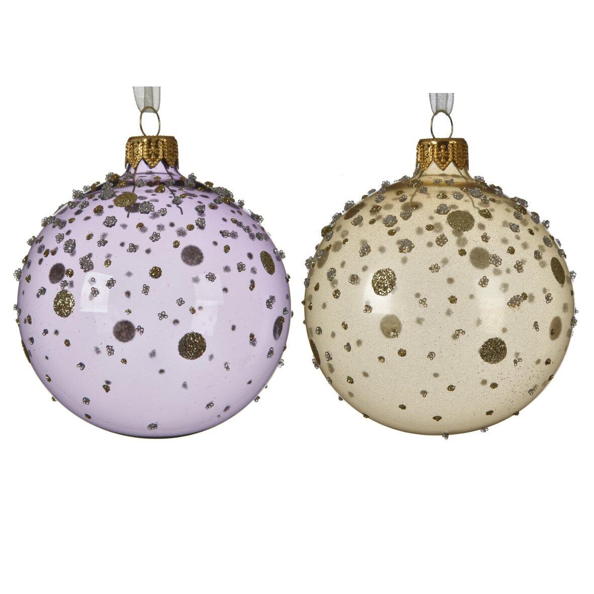 6er set Weihnachtskugeln aus Glas (D80 mm) Perlen Champagne/ Blasslila  1