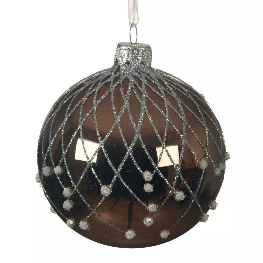 Lot de 6 boules de Noël en verre (D80 mm) Pluie de paillettes Marron foncé  1