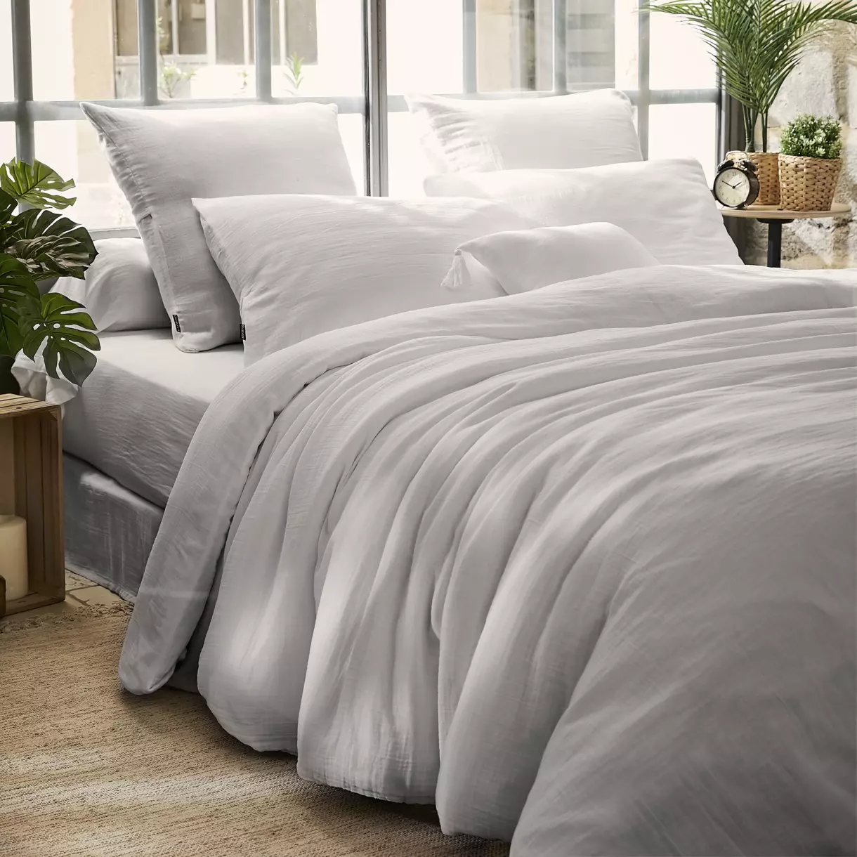 Housse de couette gaze de coton (200 cm) Gaïa Gris nuage 1
