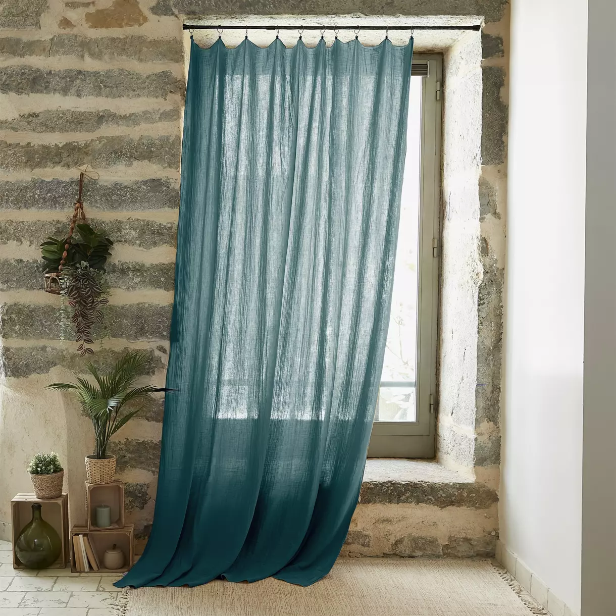Cortina en gasa de algodón ajustable (180 x max 300 cm) Gaïa Azul trullo 1