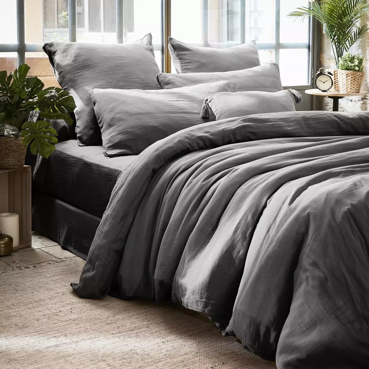 Housse de couette gaze de coton (280 cm) Gaïa Gris granit 1