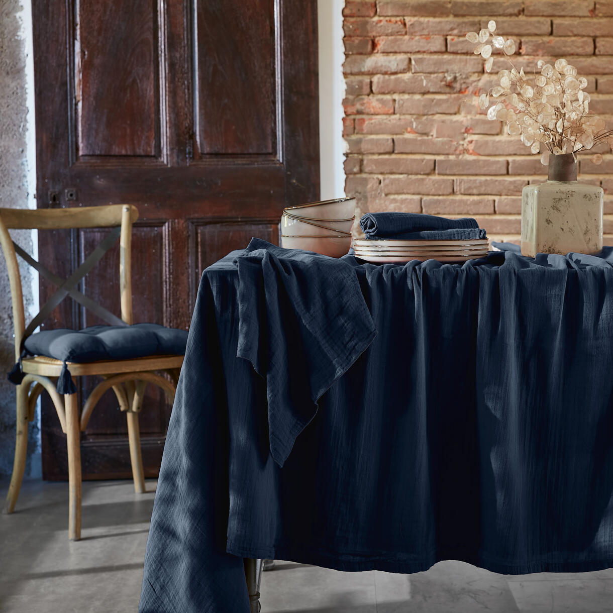 Mantel rectangular en gasa de algodón (L250 cm) Gaïa Azul noche 1
