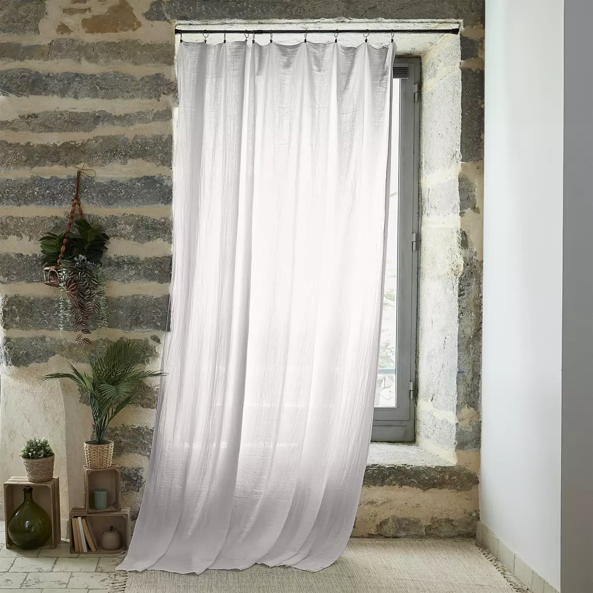 Cortina en gasa de algodón ajustable (140 x max 300 cm) Gaïa Gris Nube