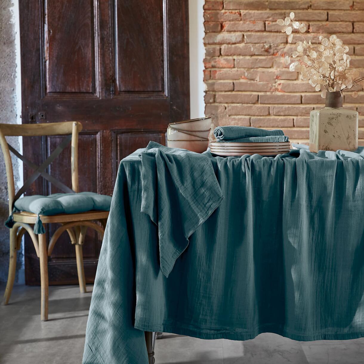 Mantel rectangular en gasa de algodón (L350 cm) Gaïa Azul trullo 1