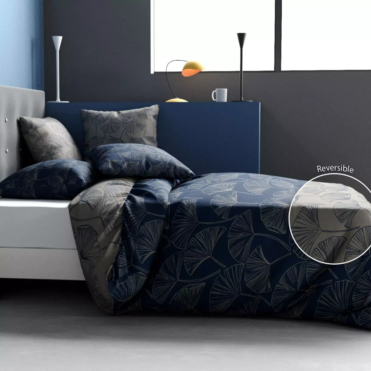 Housse de couette et deux taies coton (200 cm) Edo Bleue
