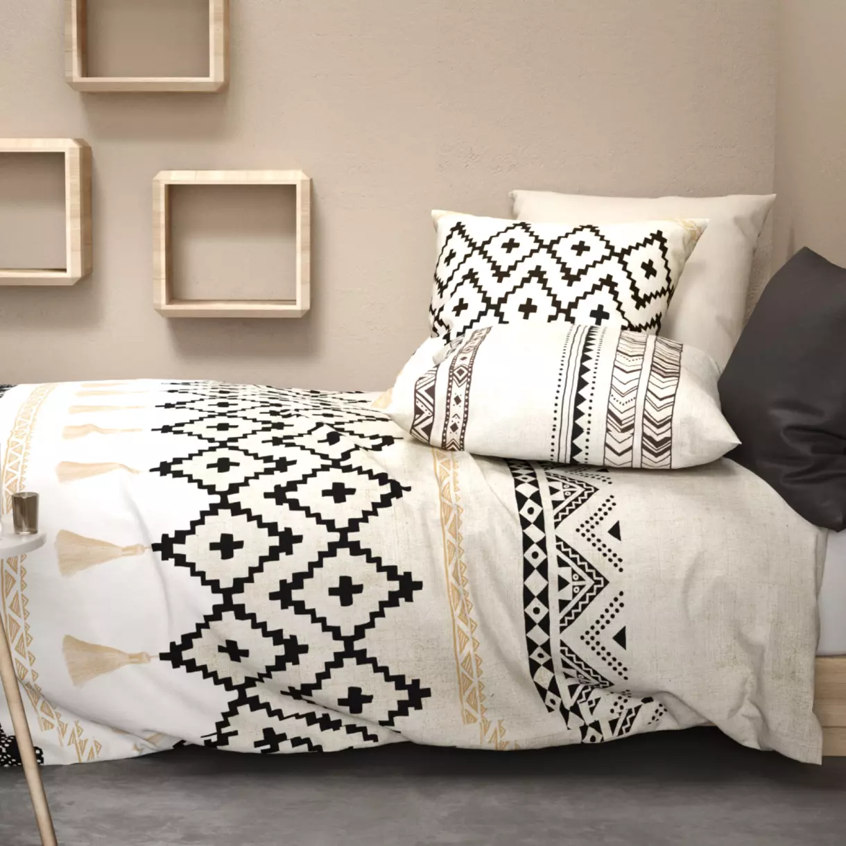Housse de couette et deux taies coton (240 cm) Bohème Ecru 1