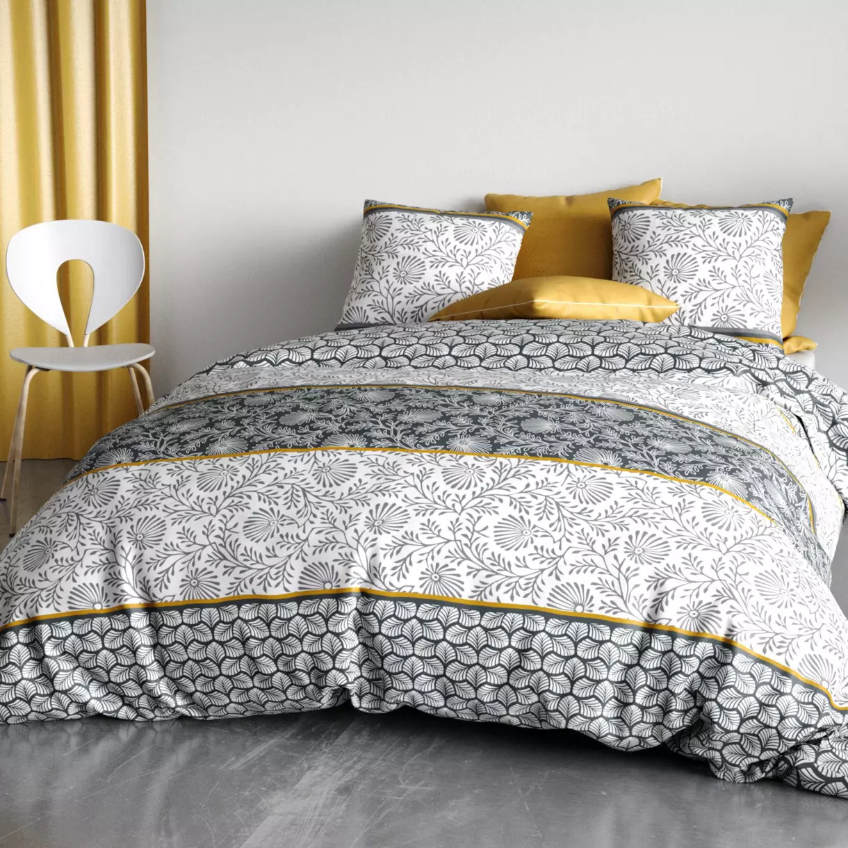 Housse de couette et deux taies coton (240 cm) Vega gold Grise