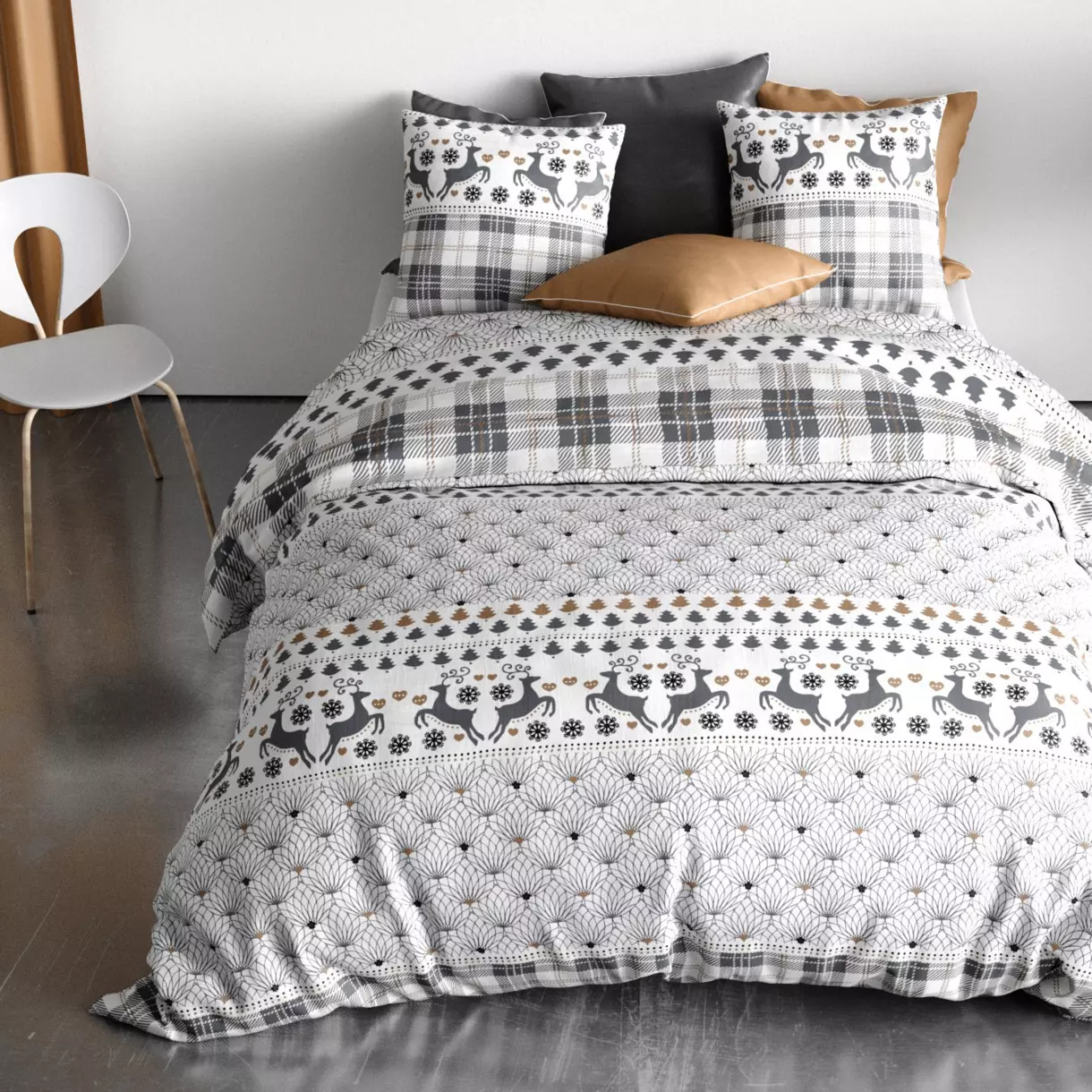 Housse de couette et deux taies coton (240 cm) Aflak Grise