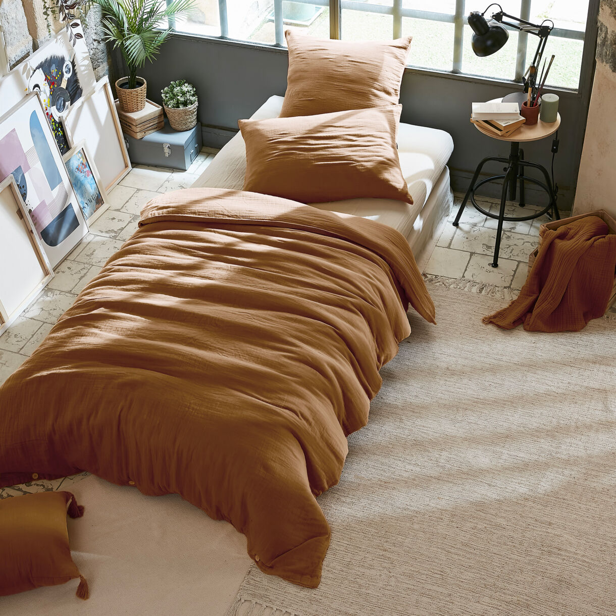 Bettbezug aus Baumwoll-Gaze (140 cm) Gaïa Camel 1