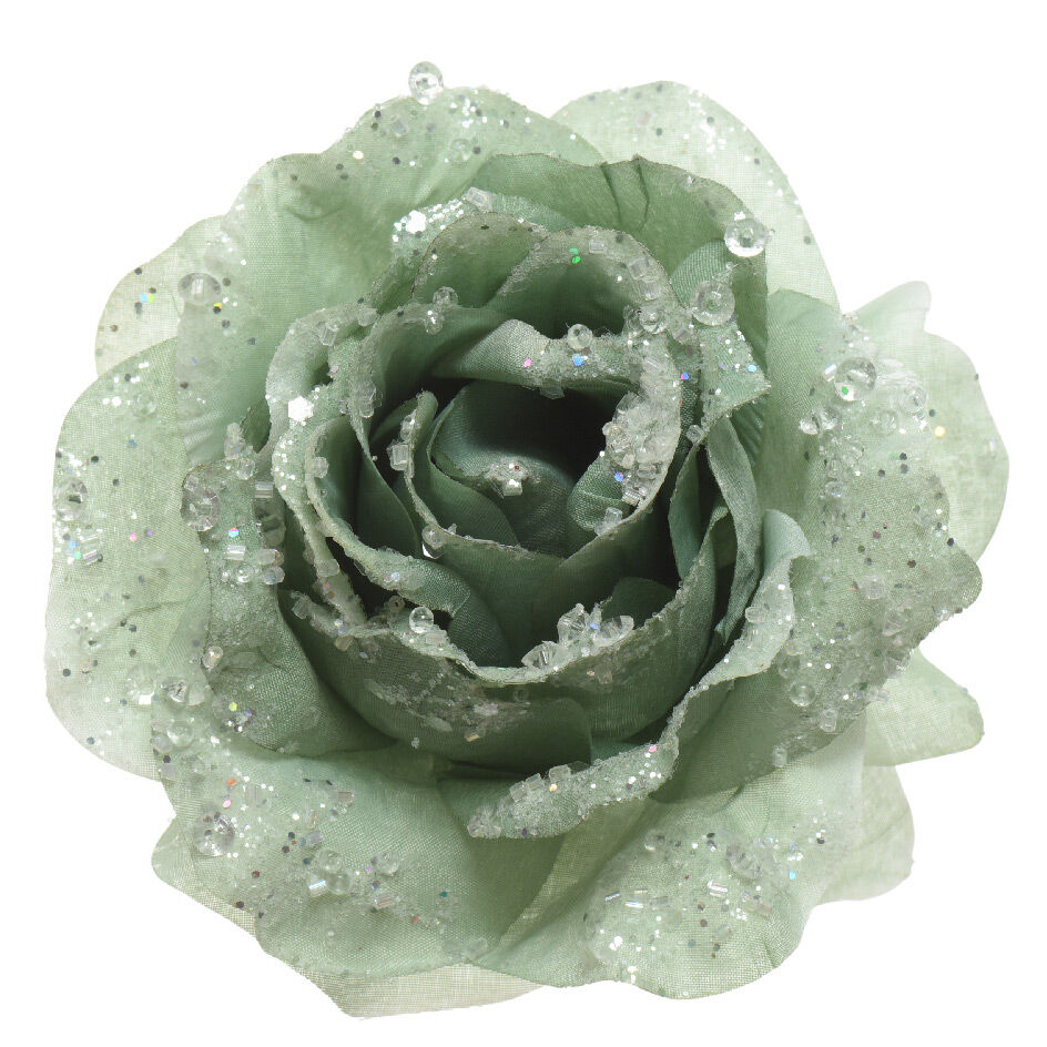 Fleur décorative sur pince pailletée Vert sauge 1