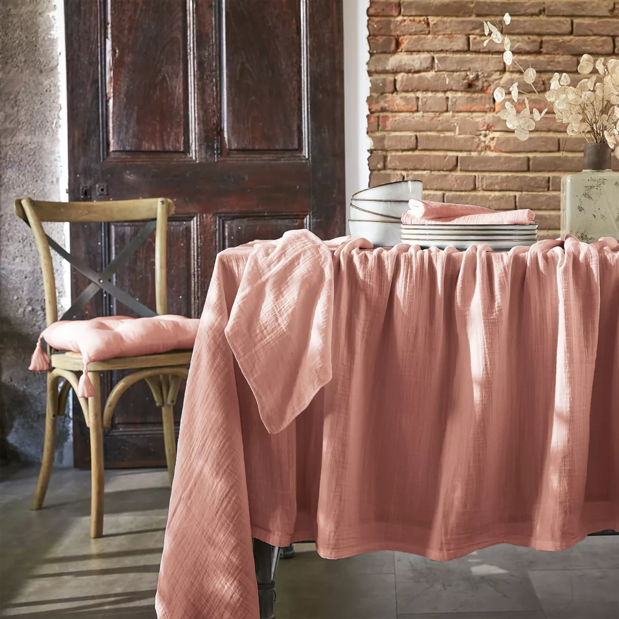 Tovaglia rettangolare garza di cotone (L350 cm) Gaïa Rosa pesca 1