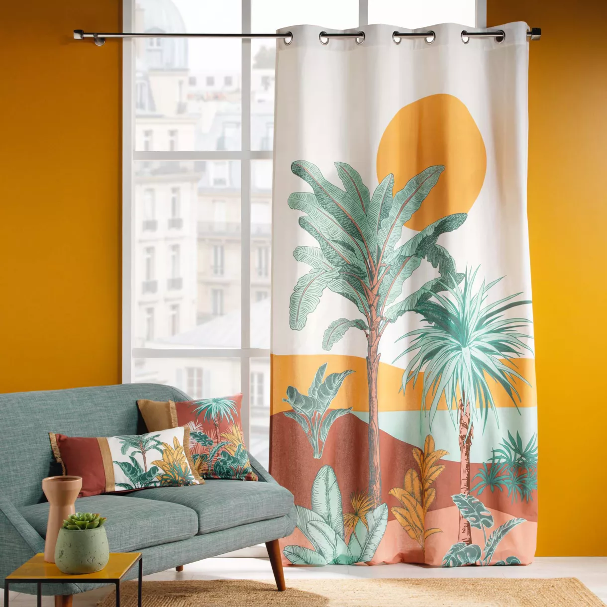 RIDEAU A OEILLETS 140 x 260 CM COTON IMPRIME PALMANOVA DES. PLACE