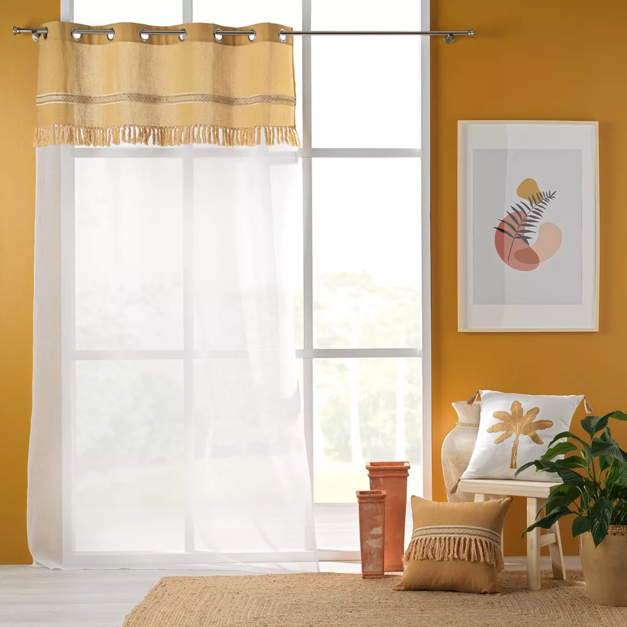 PANNEAU A OEILLETS 140 x 240 CM VOILE SABLE+TOP POLYCOTON+JUTE JANARA OCRE