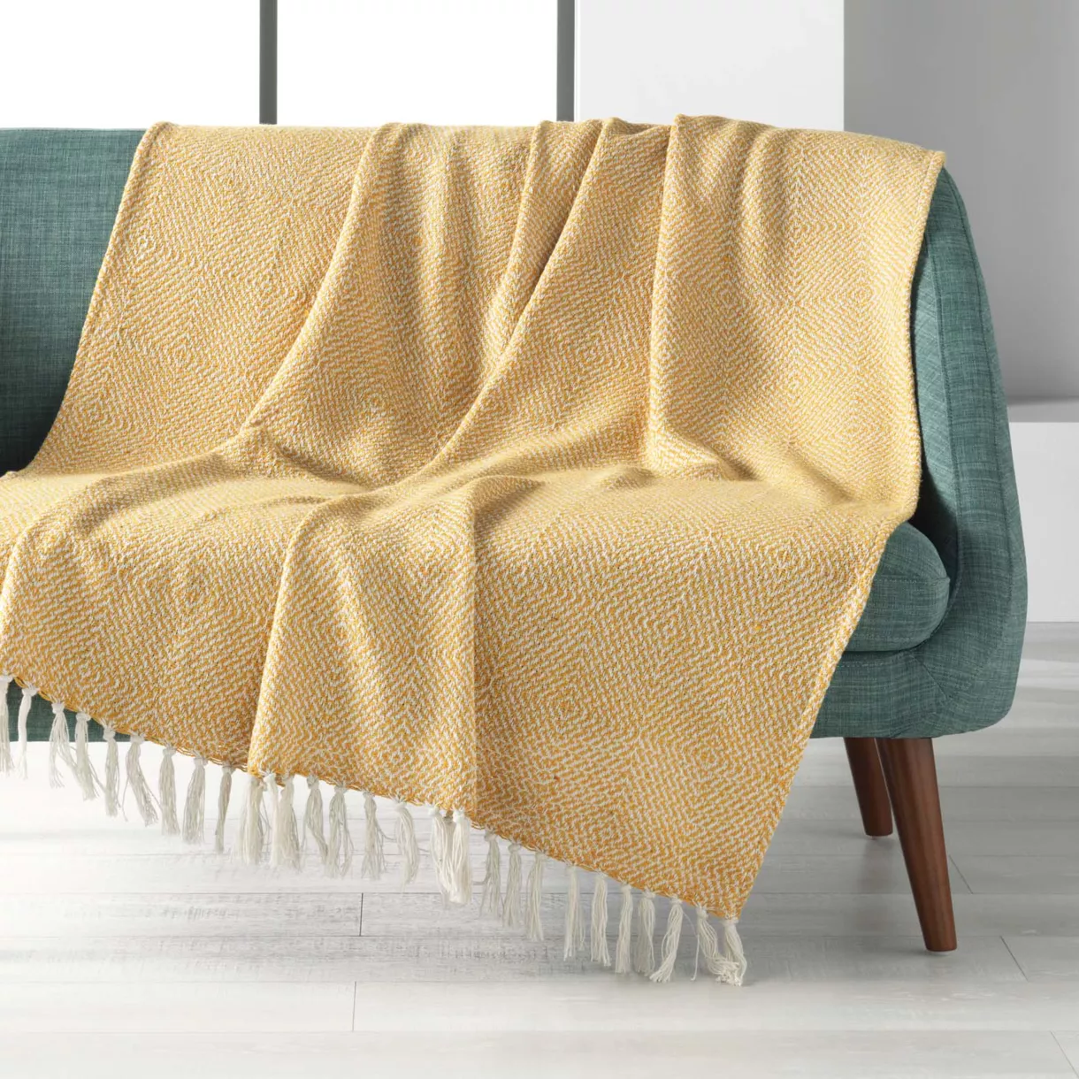 PLAID A FRANGES 125 x 150 CM COTON TISSE LOUISETTE JAUNE