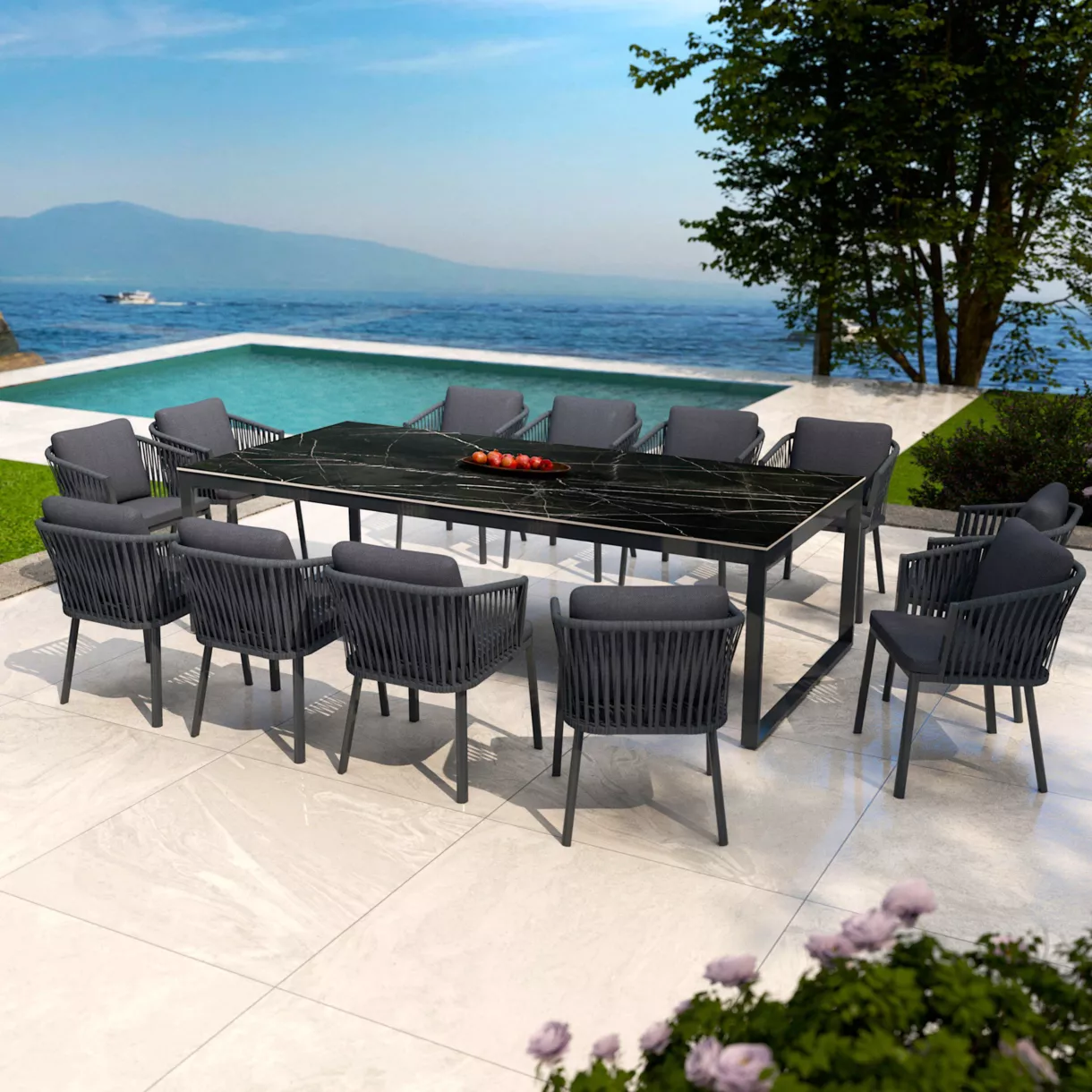 Tuintafel 12 zitplaatsen Aluminium/Keramiek Kore (260 x 120 cm) - Zwart/gemarmerd zwart
