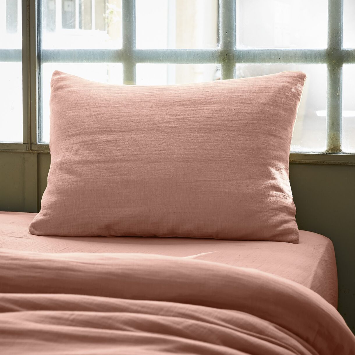 Funda para almohada rectangular en en gasa de algodón (L80 cm) Gaïa Rosa durazno 1