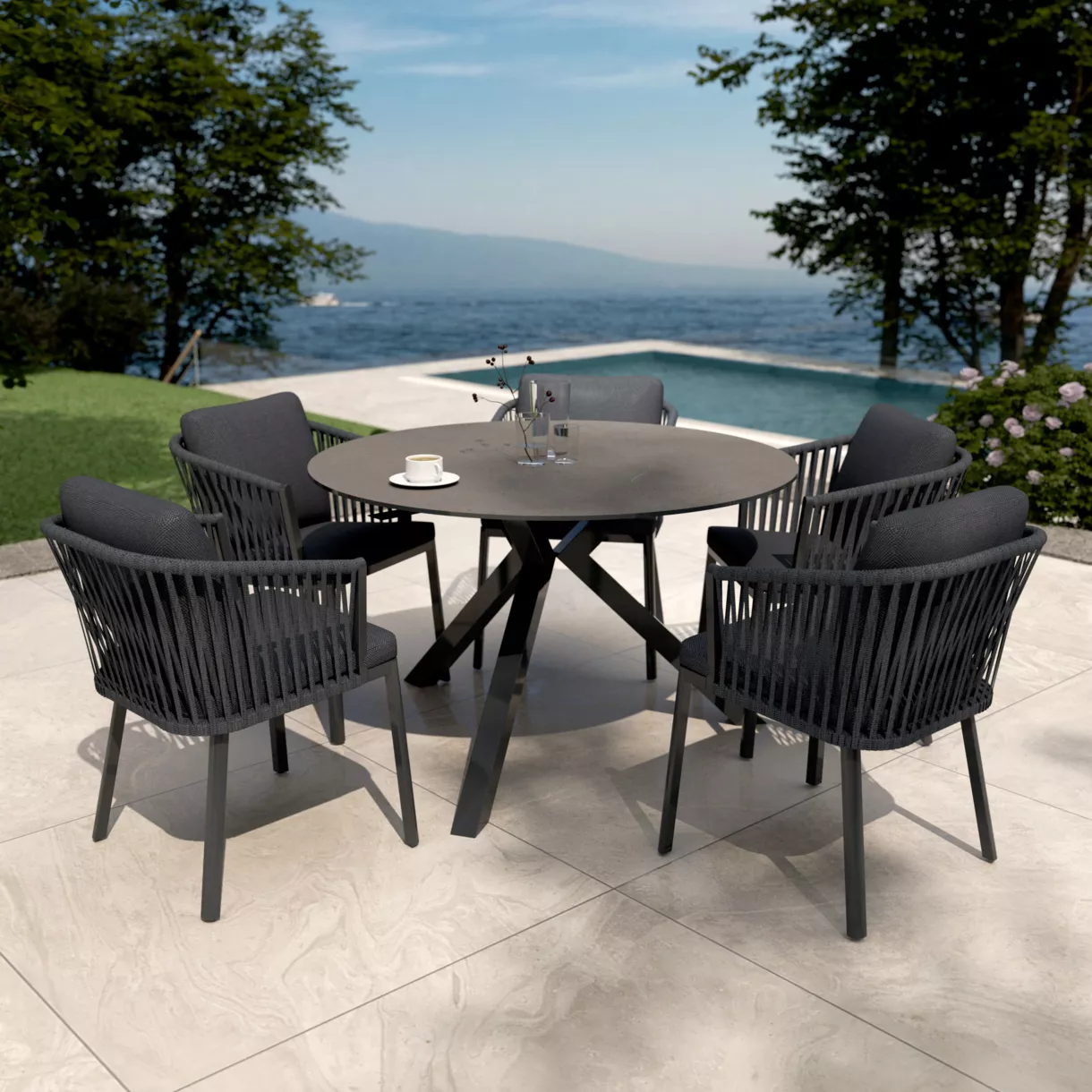 Mesa de jardín 6 personas Aluminio/Cerámica Kore (D120 cm) - Gris antracita