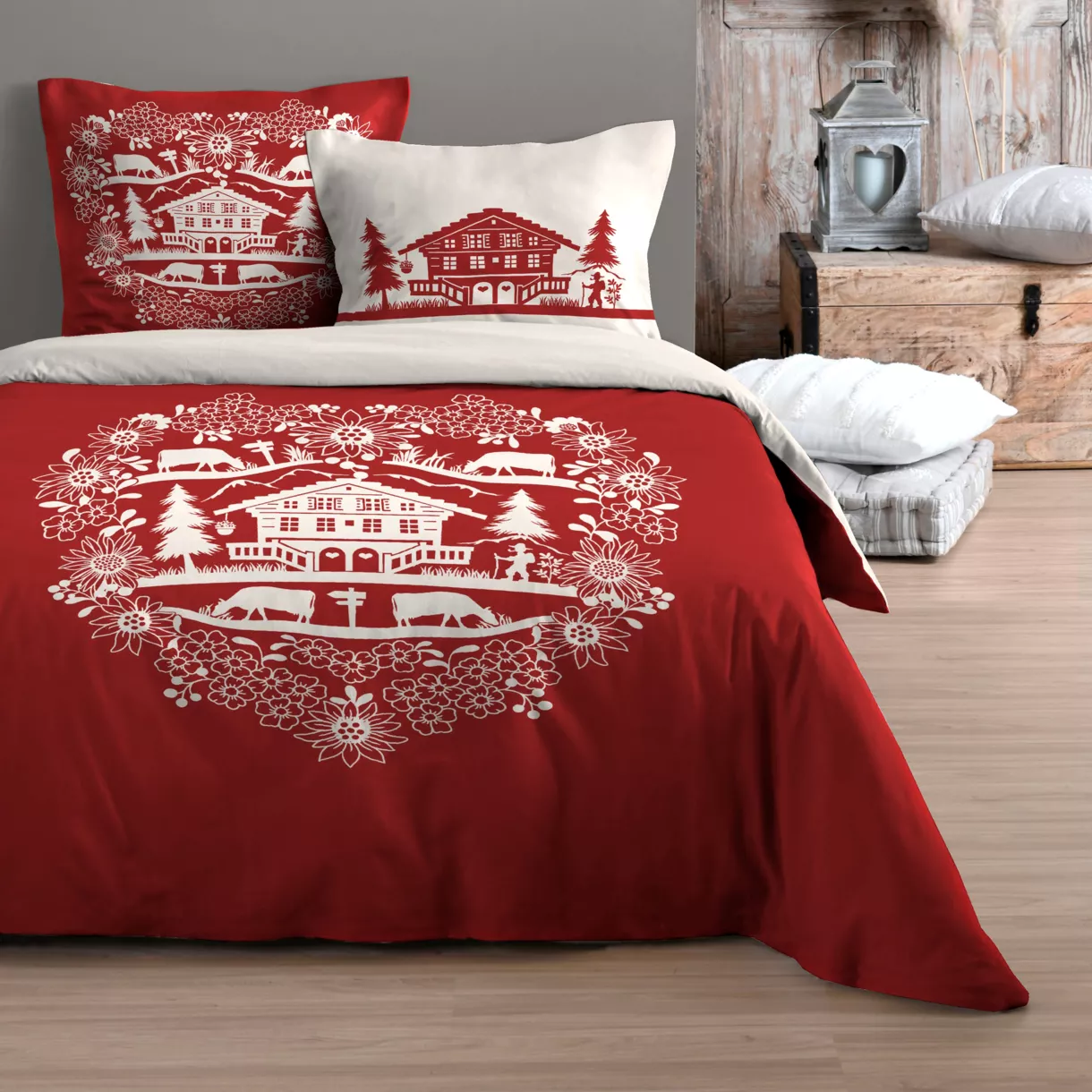 Housse de couette et deux taies coton (240 cm) Valloire Rouge 1