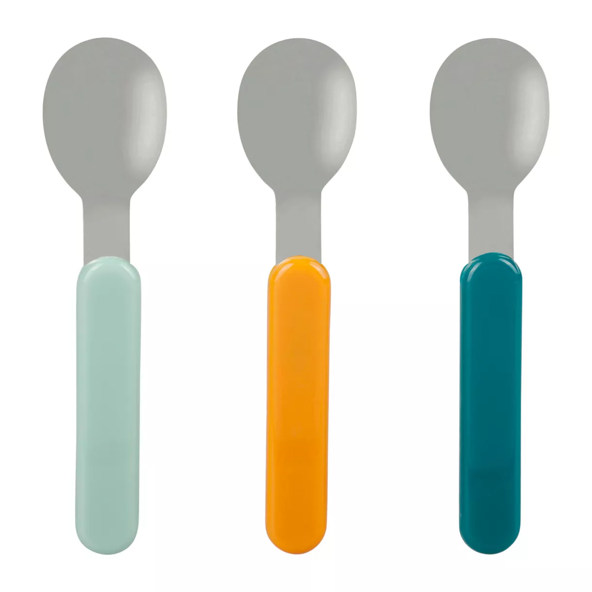 Lote de 3 cubiertos para bebé de plástico y acero inoxidable Josy multicolor.