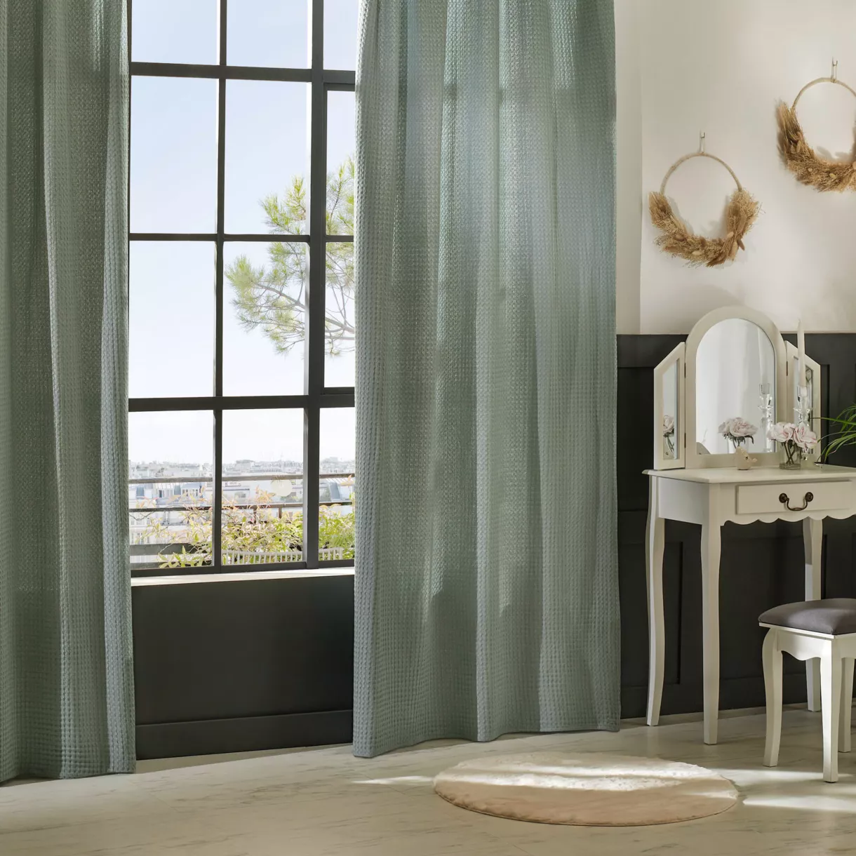 Cortina tejido panal con pasador de barra (130 x 260 cm) Widdy Verde celadón