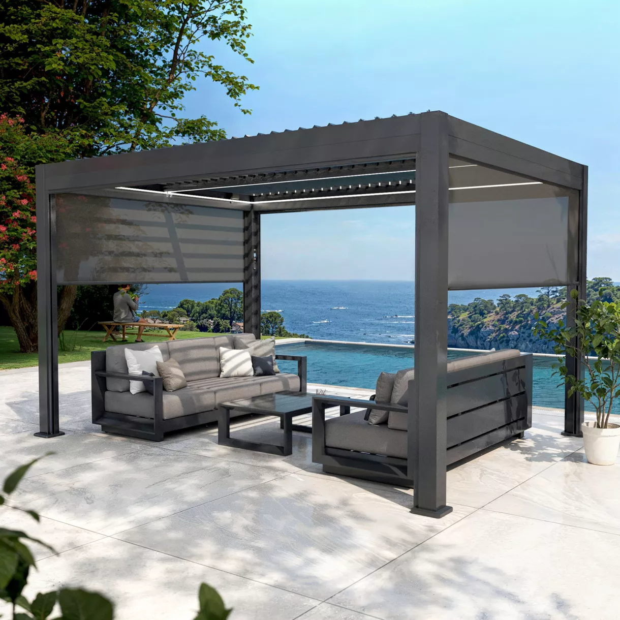 Pergola bioclimatica autoportante motorizzata alluminio (3 x 4 m) LED - Grigio antracite
