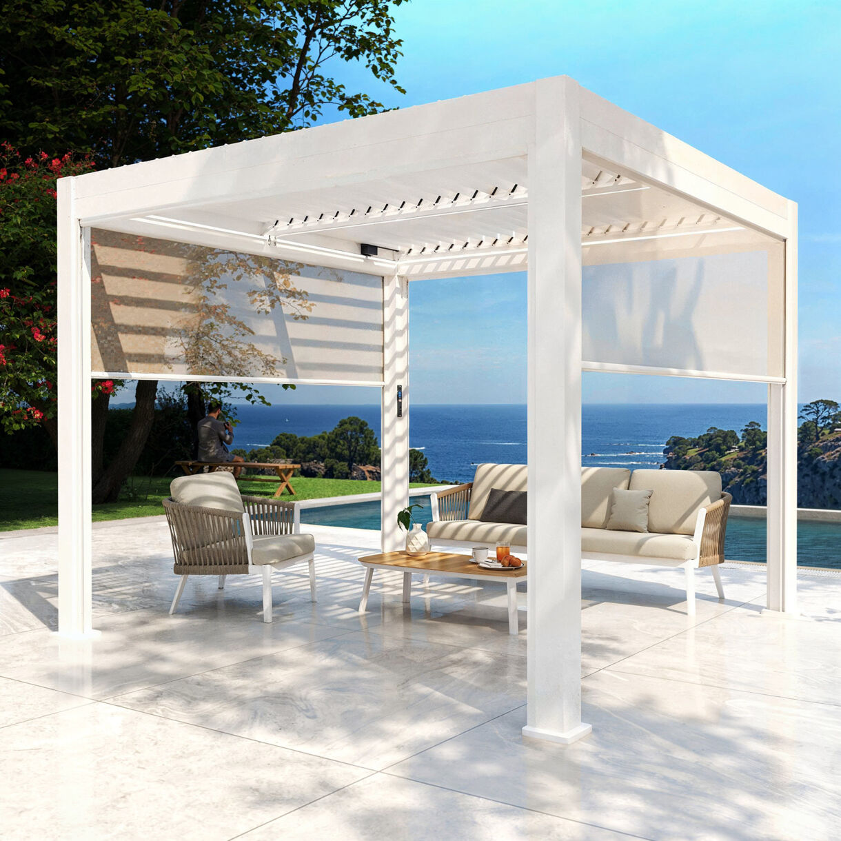 Pergola bioclimatique autoportée motorisée aluminium (3 x 3 m) LED - Blanc