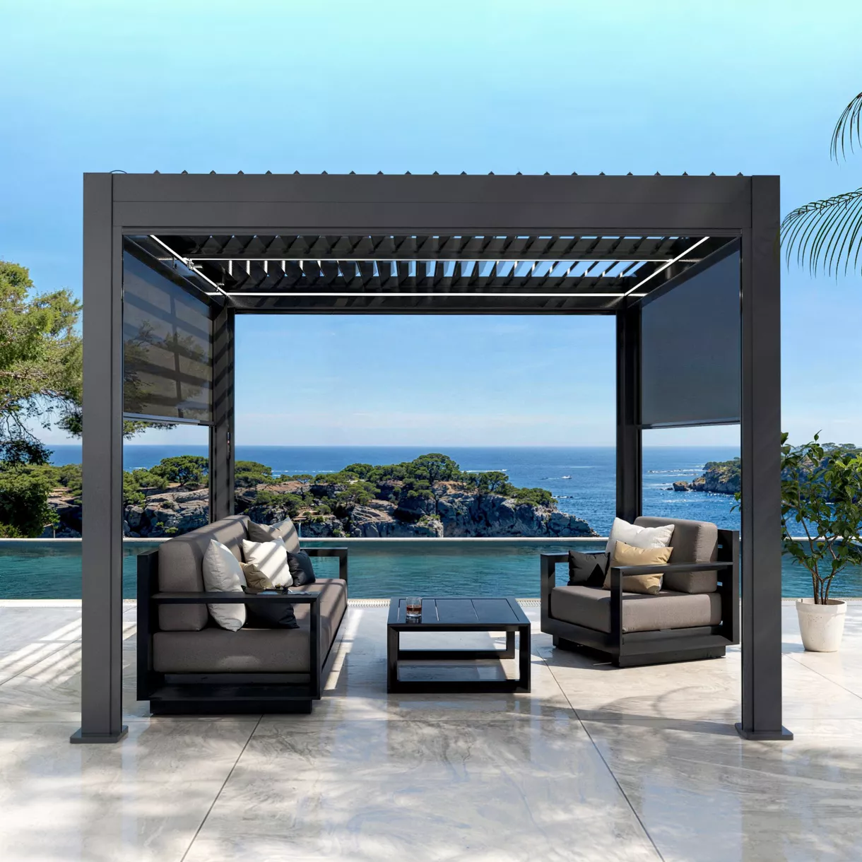 Gemotoriseerde zelfdragende bioklimatologische aluminium pergola (3 x 3 m) LED - Antraciet