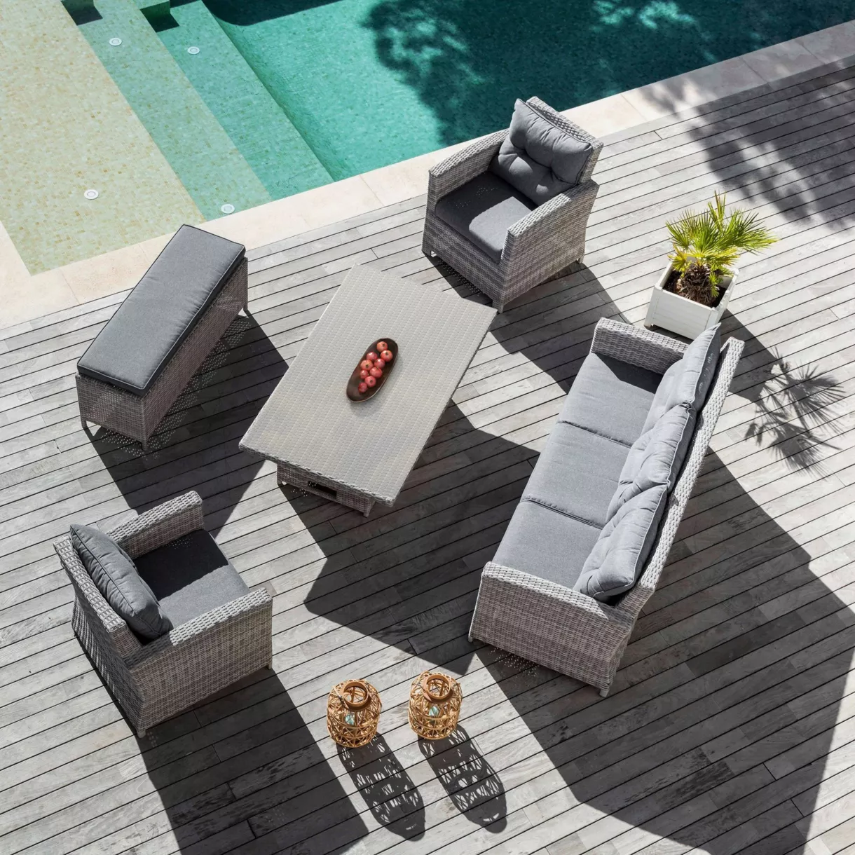 Table de jardin relevable en verre 7 places (145 x H51/72 cm) Tivoli - Gris