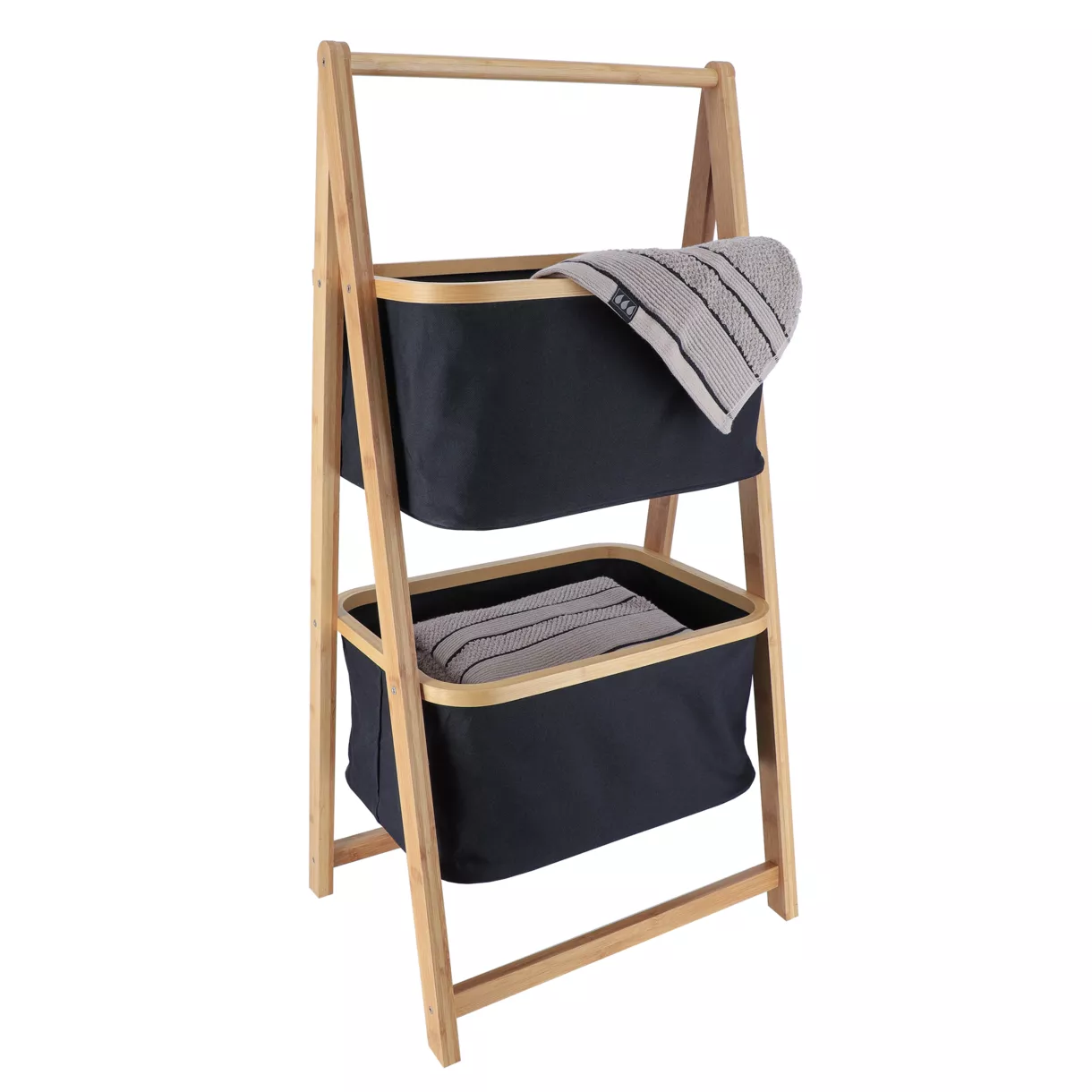 ETAGERE BAMBOU 2 PANIERS POLYESTER - NOIR/BAMBOU