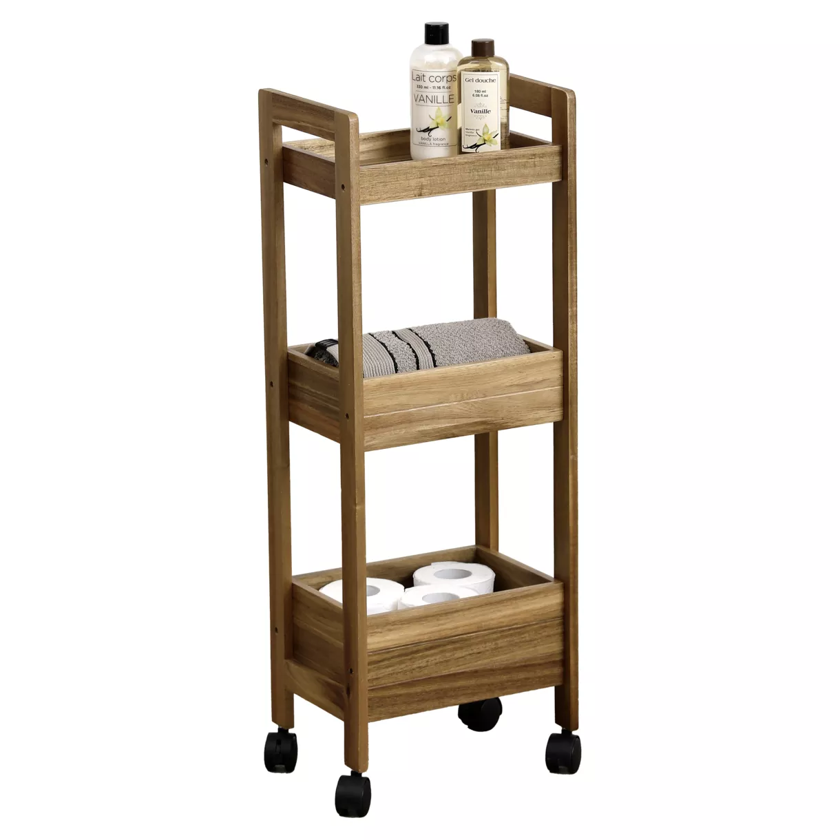 Carrito de servicio con ruedas 3 niveles madera de acacia (H75 cm) Lina Marrón