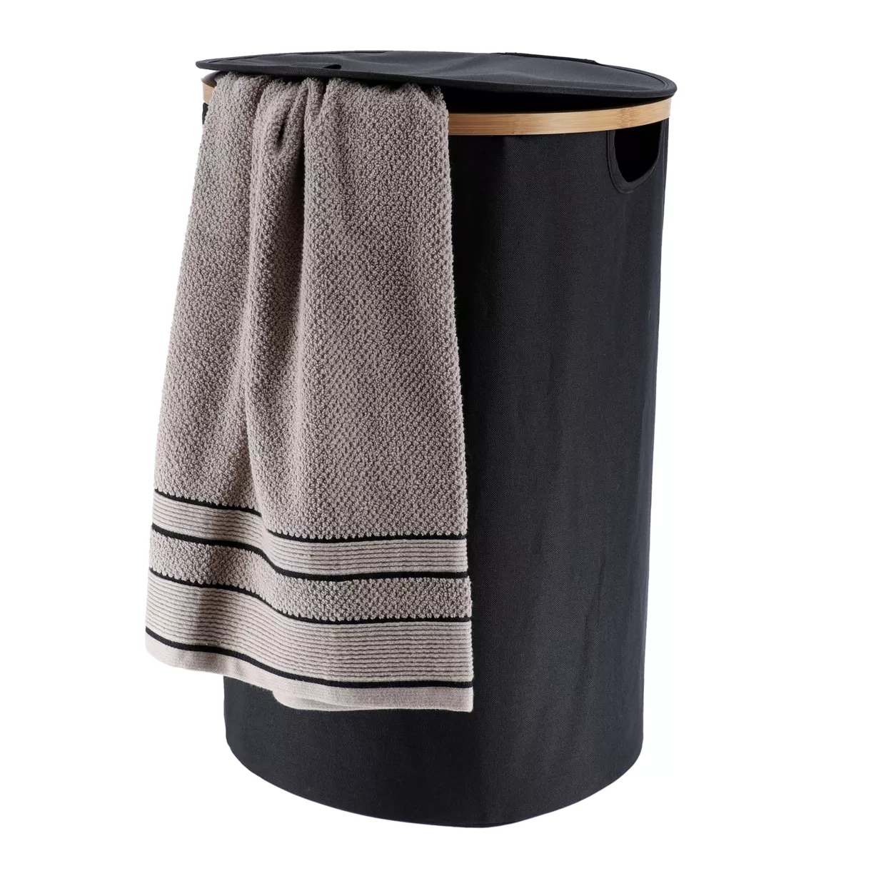 PANIERE A LINGE RONDE PLIABLE AVEC COUVERCLE POLYESTER CERCLAGE BAMBOU - NOIR/BAMBOU