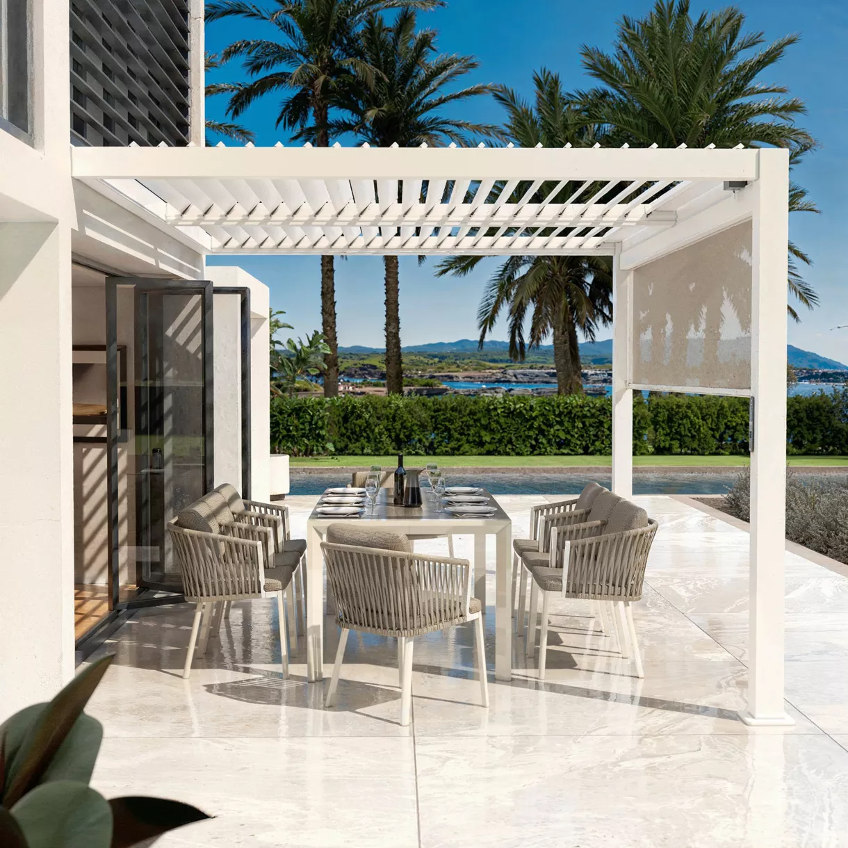 Bioklimatologische aangebouwde gemotoriseerde aluminium pergola (3 x 4 m) LED - Wit