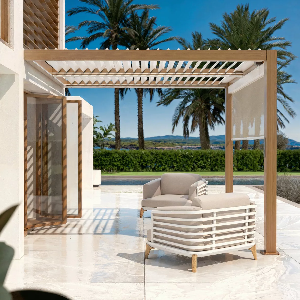 Pergola bioclimatica motorizzata alluminio (3 x 3 m) LED - Legno 