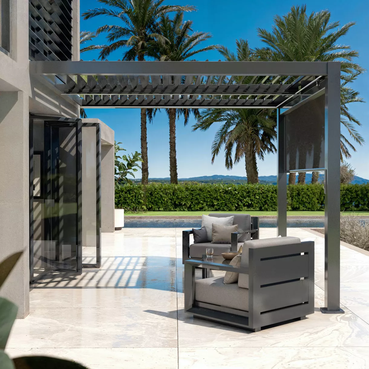 Motorisierte bioklimatische Wandpergola Aluminium (3 x 3 m) mit LED - Anthrazitgrau