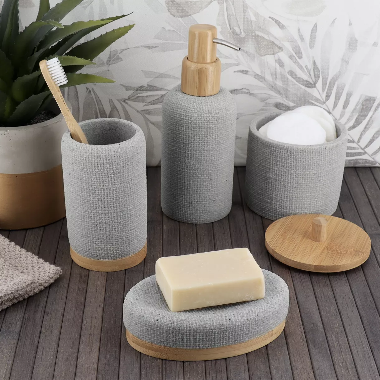 eminza Set d'accessoires salle de bain effet Maille Gris