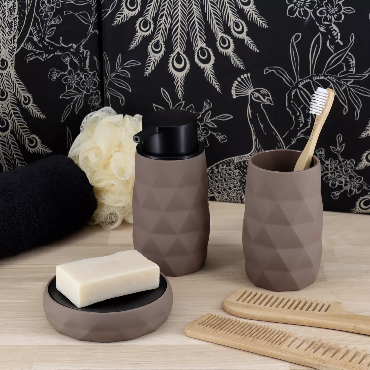 SET GOBELET DISTRIBUTEUR A SAVON ET PORTE SAVON ABS + RUBBER - MARRON