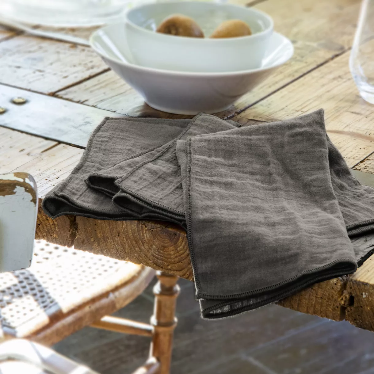 Lot de 3 serviettes gaze de coton Gaïa Gris granit 1