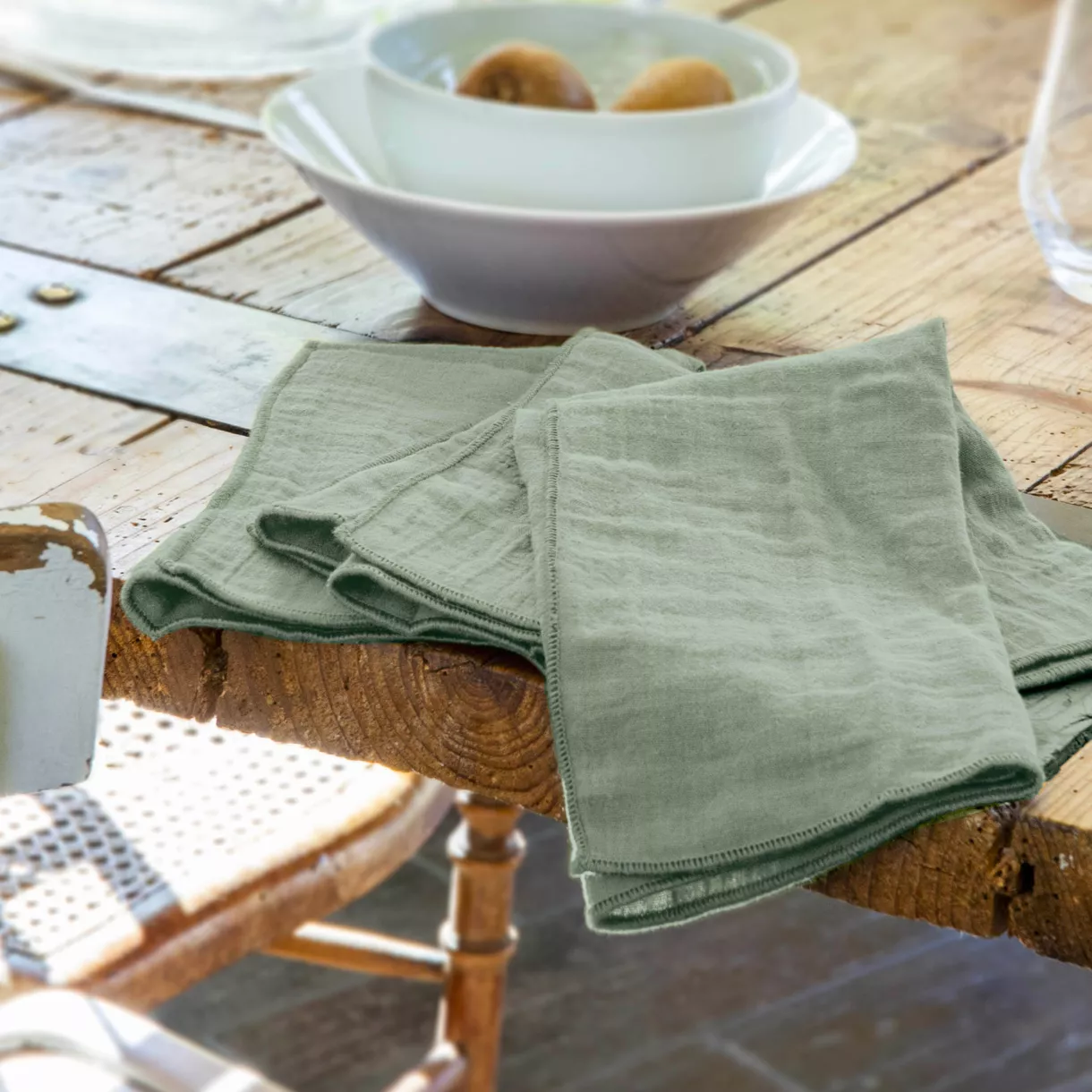 Lot de 3 serviettes gaze de coton Gaïa Vert eucalyptus 