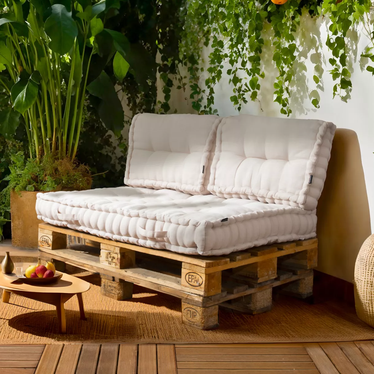 EM - Lot Matelas palette + 2 dossiers Polyester uni SUNSET Sable